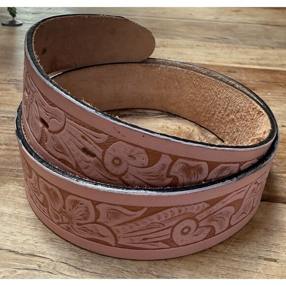 Western Tooled Pink Leather Belt Sz 30.5-34.5 NO BUCKLE New Made In USA Cowgirl main image 7